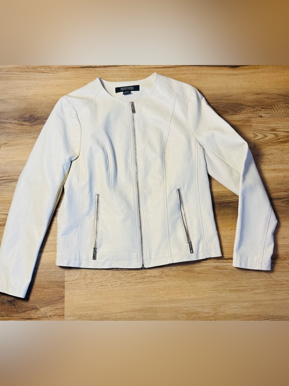 Kenneth Cole Reaction White Faux Leather Zip Jacket XL